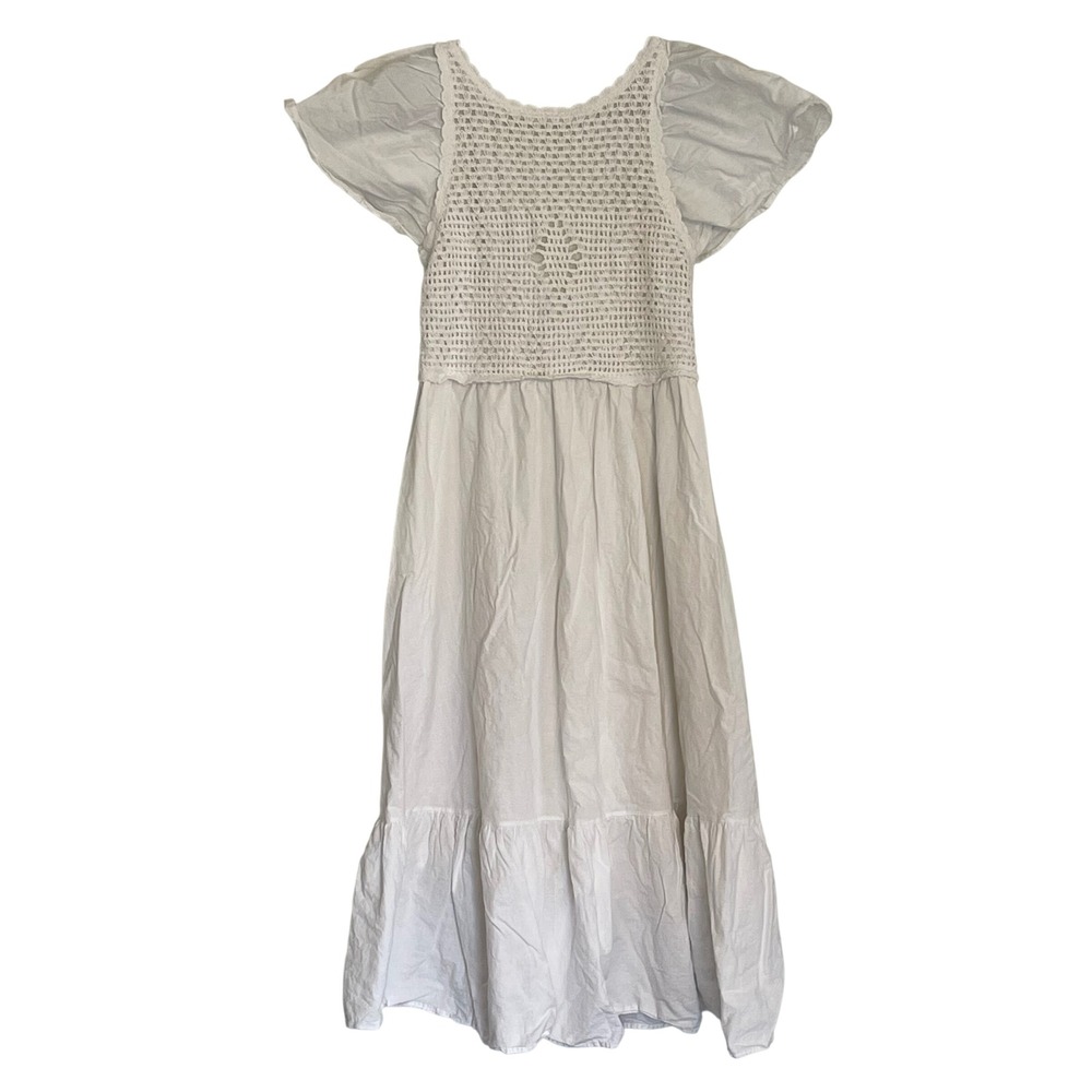 Generation K White Crochet Bodice Midi Dress Flutter Sleeve Smocked‎ Back M